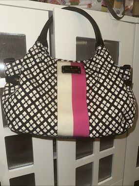kate spade Black & White Pattern Shoulder Bag with Pink Stripe